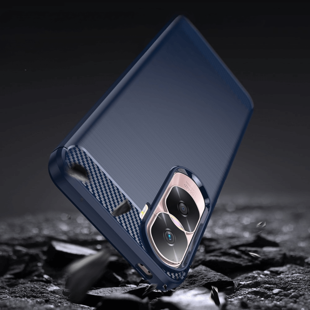 Coque de téléphone bleu foncé avec objectifs d'appareil photo flottant sur sol brisé.