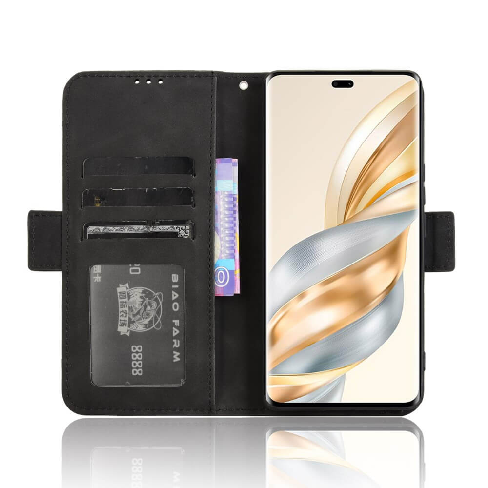 Étui portefeuille noir pour téléphone, avec fentes pour cartes et billets, ouvert.