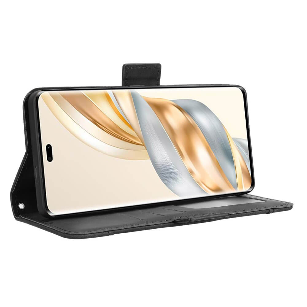 Un étui portefeuille noir pour téléphone avec un écran affichant des volutes abstraites dorées et argentées.