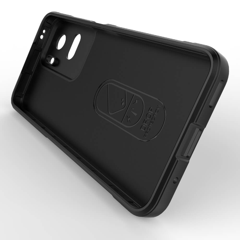 Intérieur de coque de téléphone noire avec logo et découpes caméra.