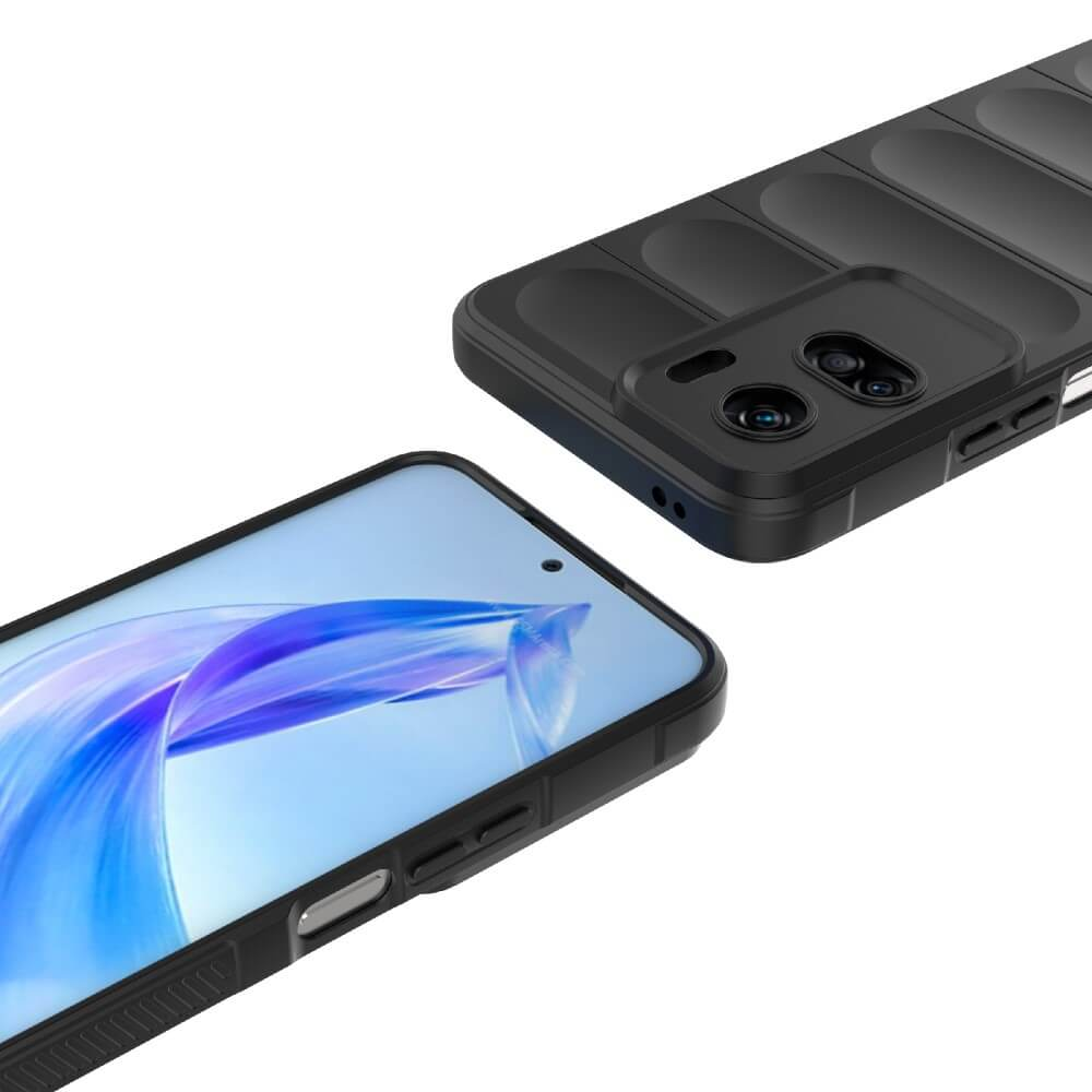 Coque de téléphone noire avec découpe caméra et un smartphone affichant un fond d'écran bleu.