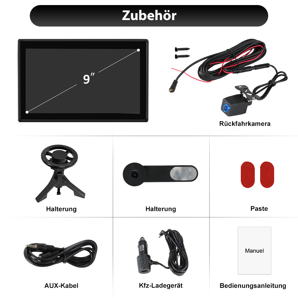 Zubehör: 9-Zoll-Bildschirm, Rückfahrkamera, Halterungen, Paste, Kabel, Ladegerät, Anleitung.