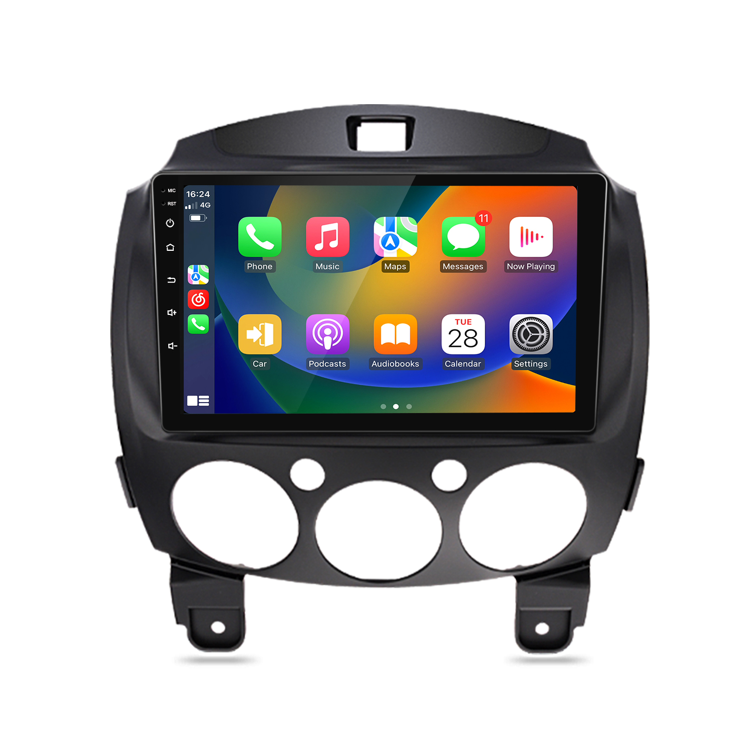 Ein Auto-Infotainmentsystem mit Touchscreen und App-Symbolen.