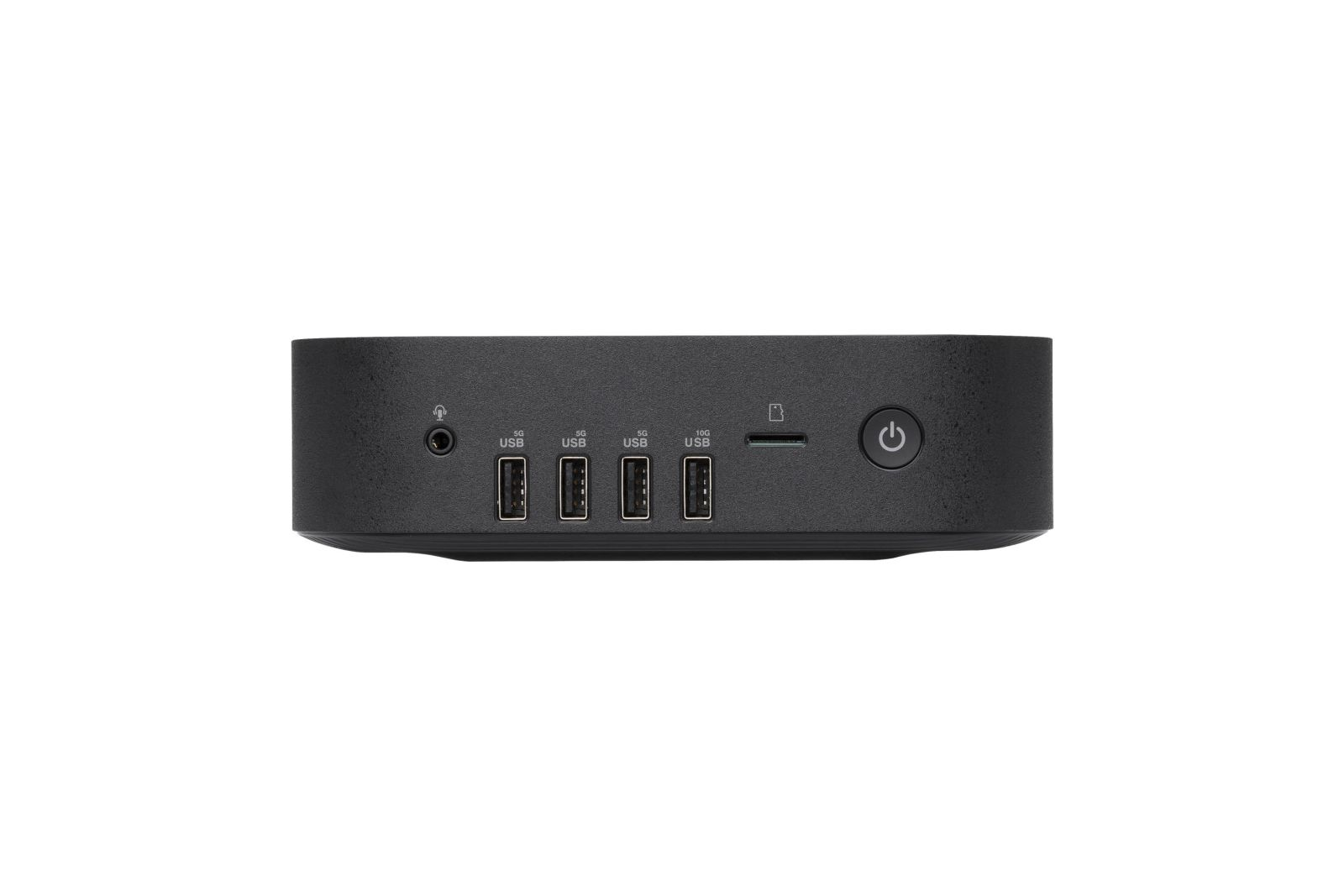 Mini PC negro con puertos USB, ranura SD y botón de encendido frontal.
