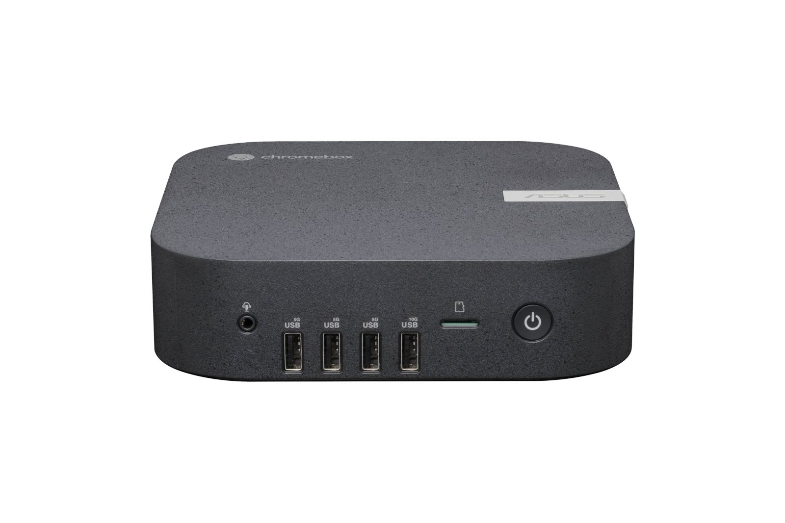 Un Asus Chromebox gris oscuro con puertos USB y botón de encendido.