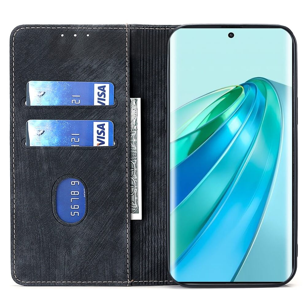Étui portefeuille noir pour téléphone avec cartes de crédit et argent, ouvert.