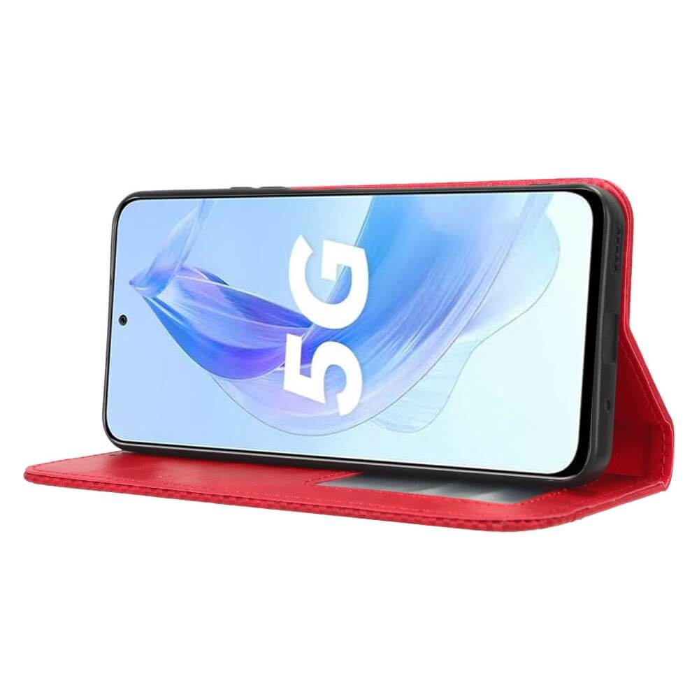 Un étui à rabat rouge pour smartphone avec 5G affiché à l'écran.