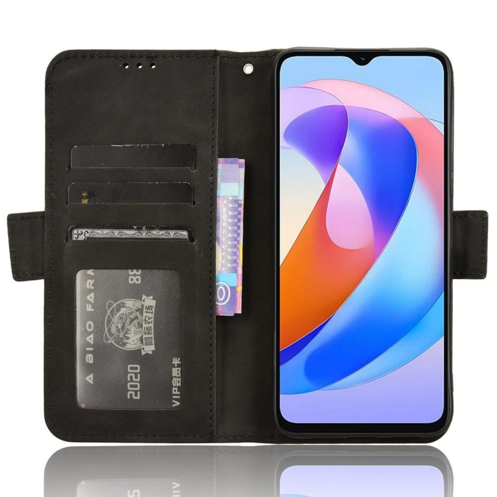 Étui portefeuille noir pour téléphone avec fentes pour cartes et un smartphone à fond coloré.