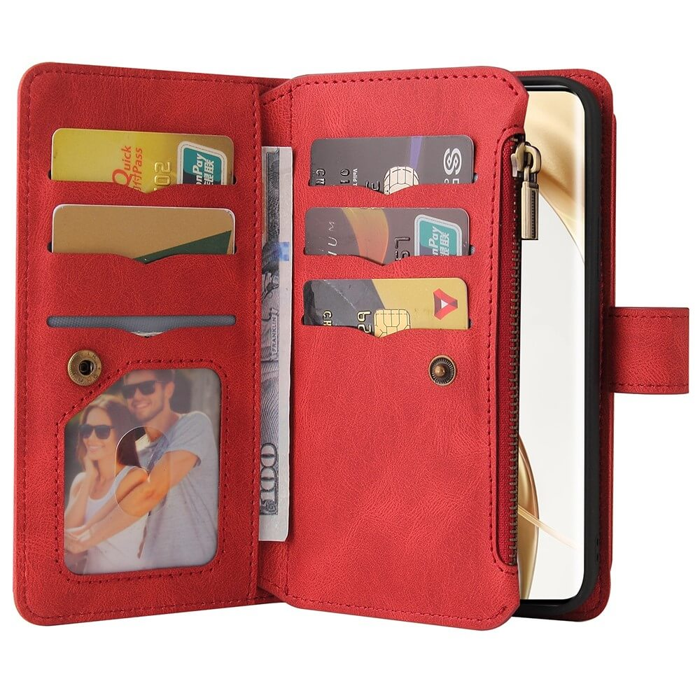 Portefeuille rouge avec fentes pour cartes, argent et photo. Un téléphone est visible.