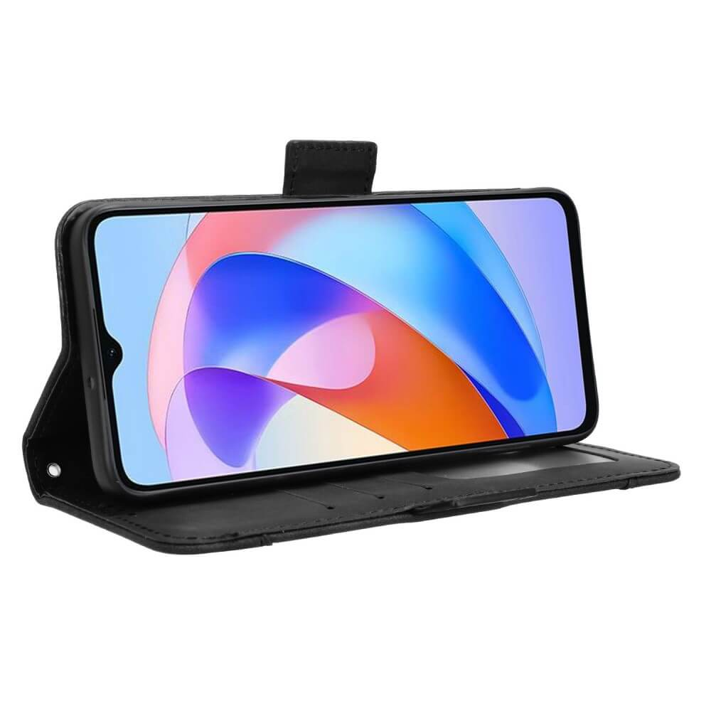 Smartphone noir dans un étui en cuir avec fond d'écran coloré.