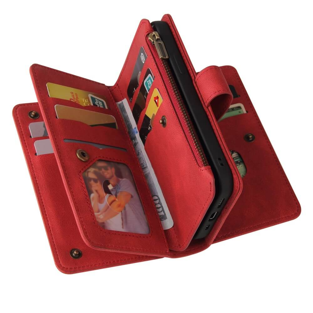 Portefeuille rouge avec téléphone, cartes et billets.