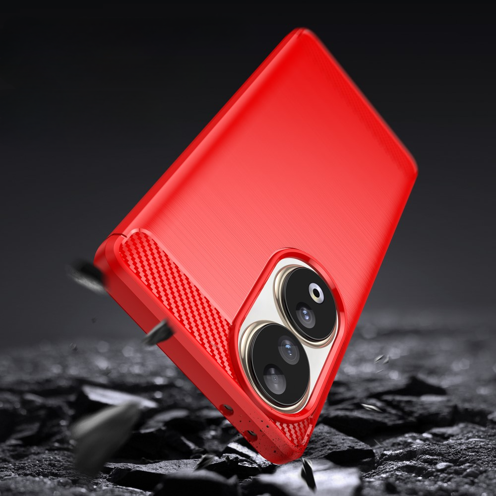 Coque de téléphone rouge avec deux objectifs d'appareil photo tombant sur des rochers sombres.