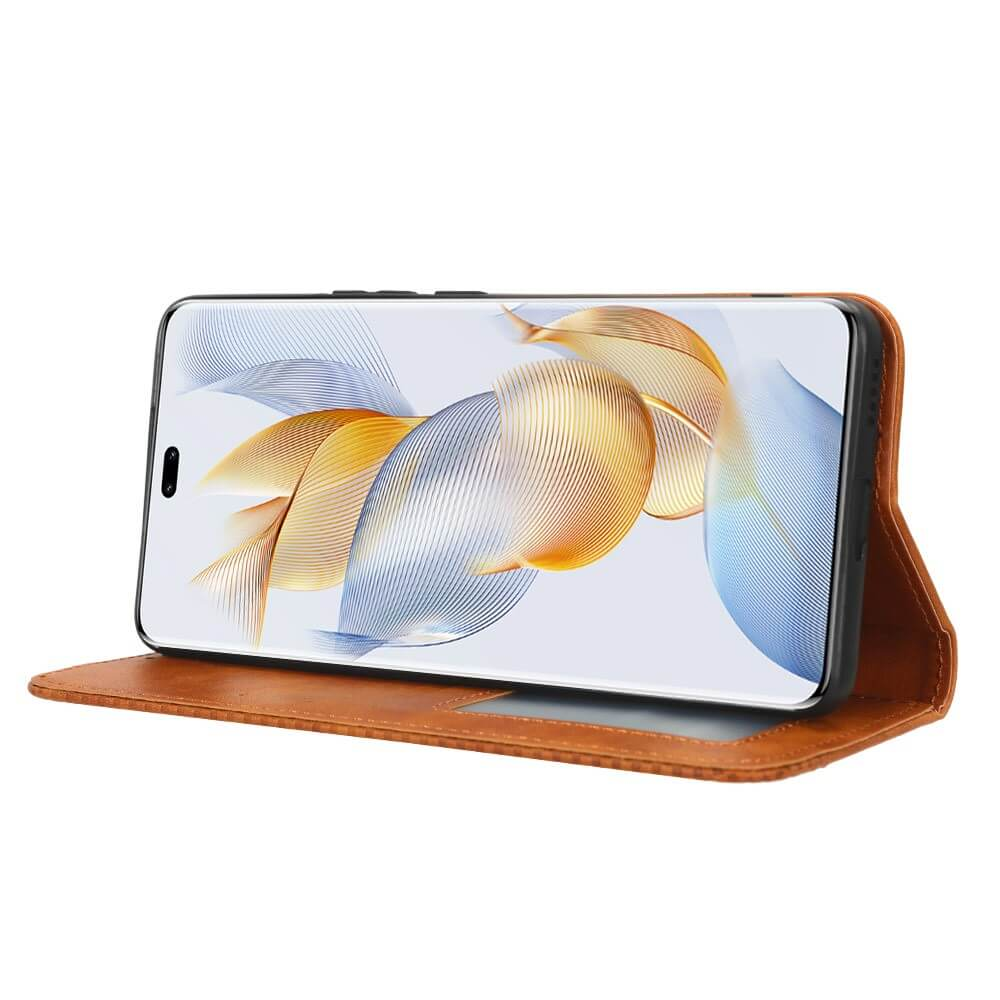 Un smartphone dans un étui en cuir marron avec un fond abstrait.