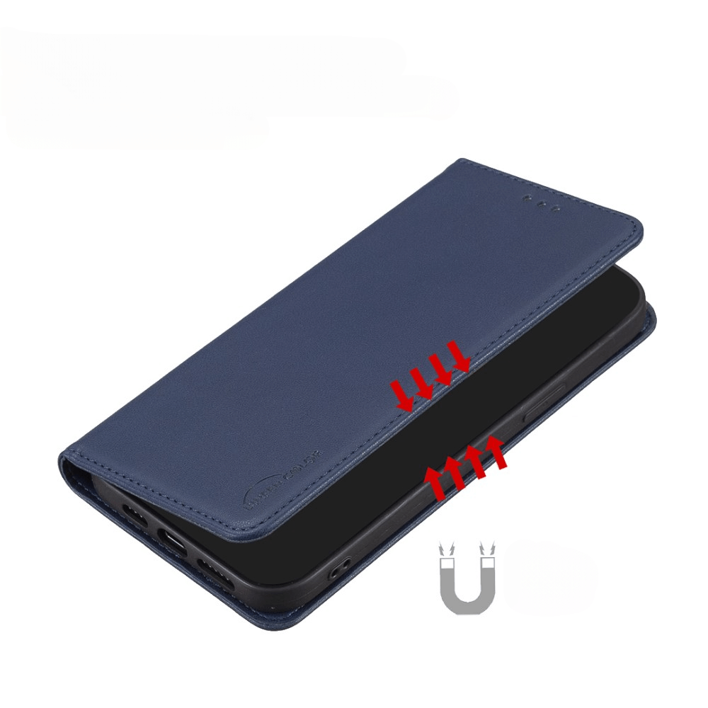 Étui de téléphone bleu foncé ouvert avec des flèches rouges indiquant la force magnétique.