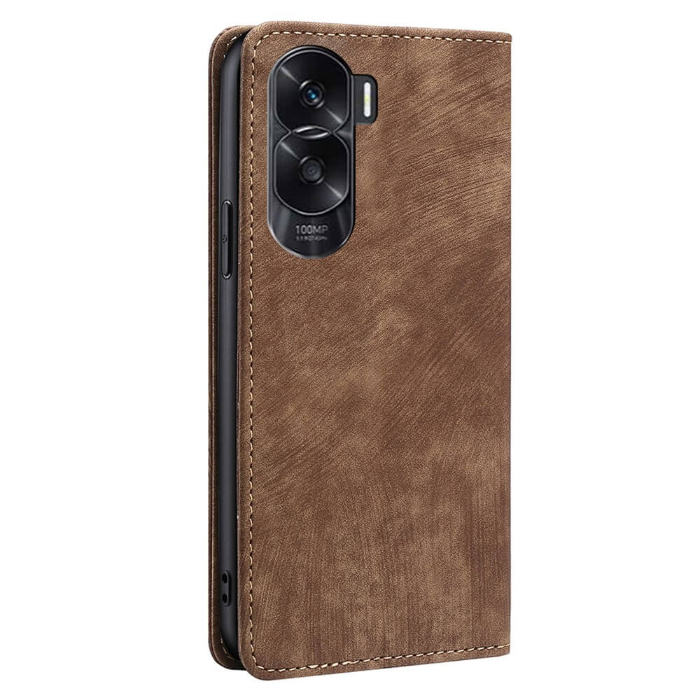 Étui de téléphone marron avec système caméra et inscription 100MP.