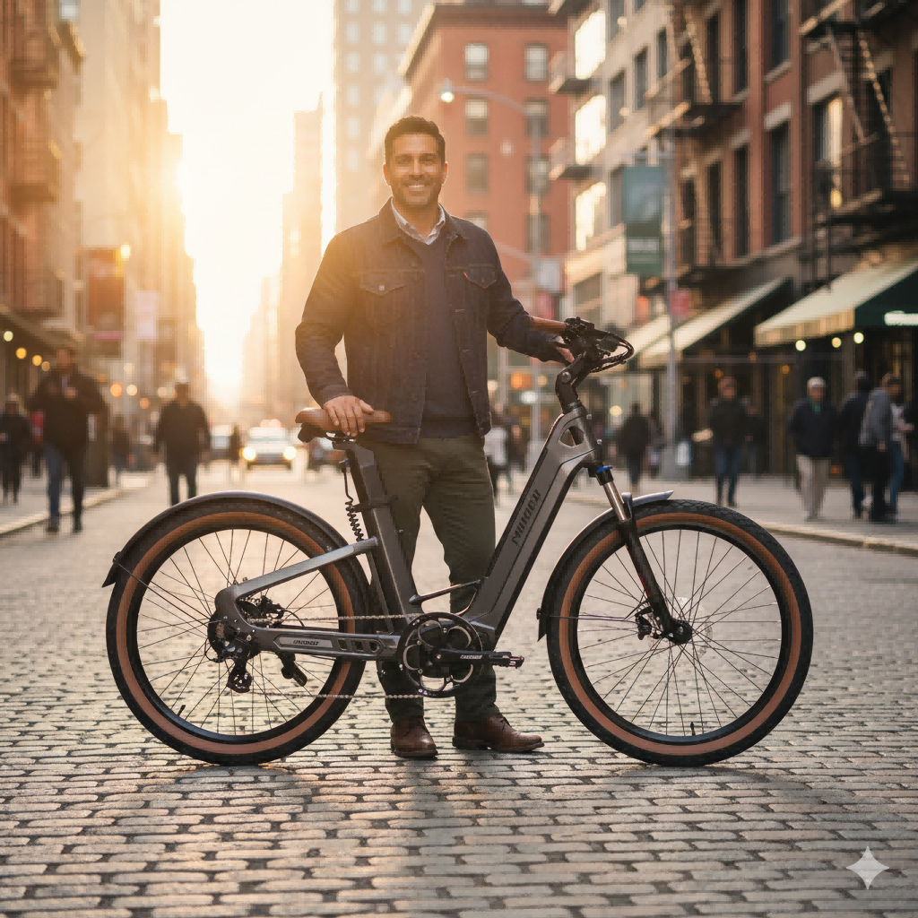 Mężczyzna z rowerem elektrycznym na brukowanej ulicy o zachodzie słońca.