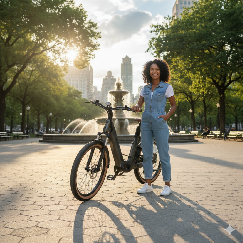 Kobieta z rowerem w parku przed fontanną i budynkami.