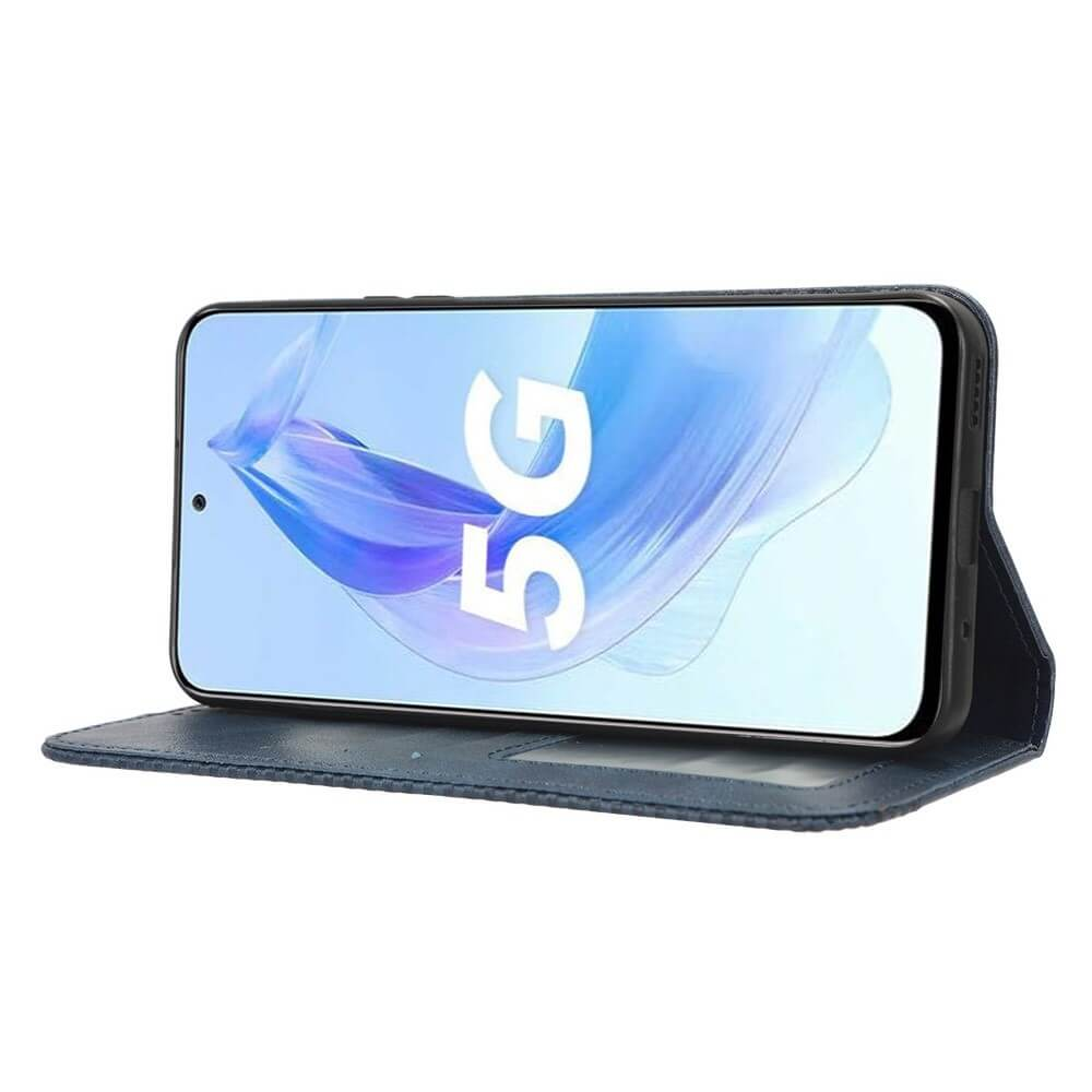 Un smartphone bleu dans un étui ouvert avec le texte '5G' à l'écran.
