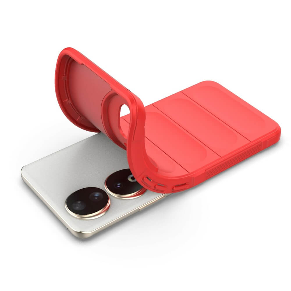 Coque rouge couvrant partiellement un smartphone blanc à deux caméras.