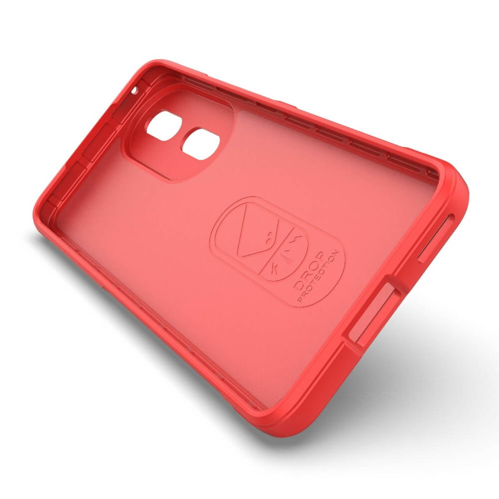 Coque de téléphone rouge avec découpes pour appareil photo et boutons.