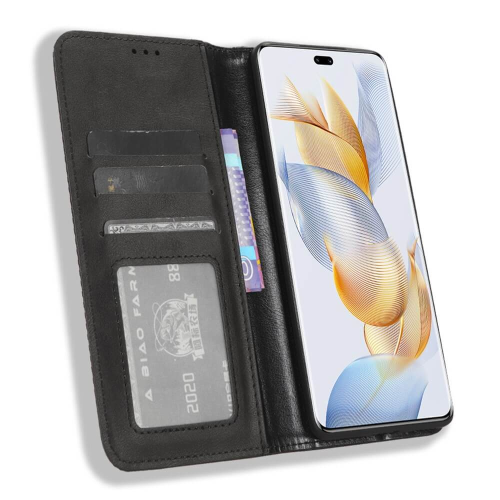Étui de téléphone noir avec fentes pour cartes et un téléphone affichant un fond d'écran abstrait.