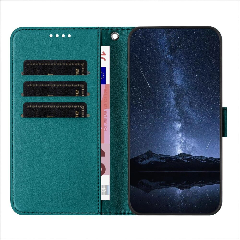 Un étui portefeuille vert pour téléphone avec des fentes pour cartes.