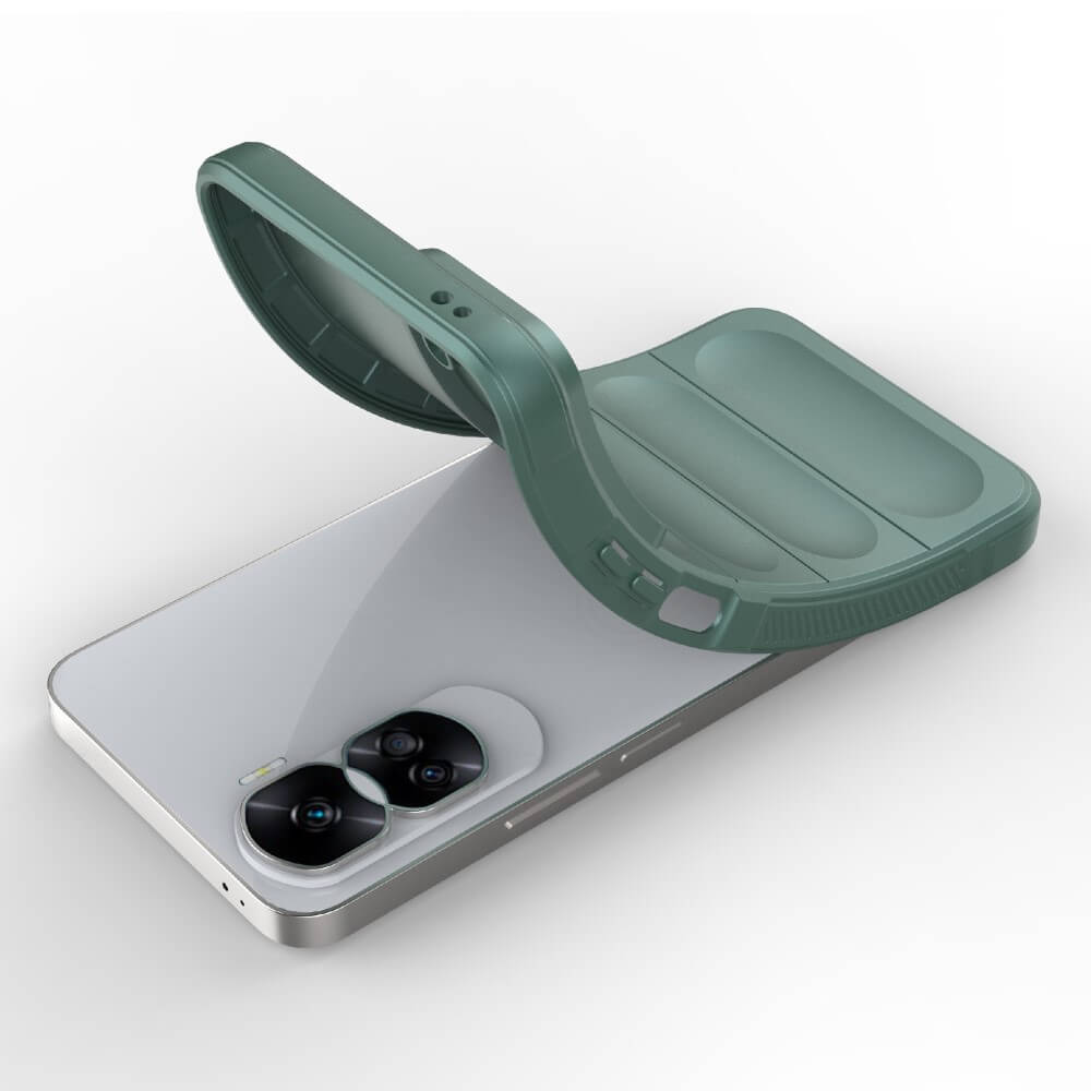 Un étui de téléphone vert est placé sur un smartphone à deux caméras.