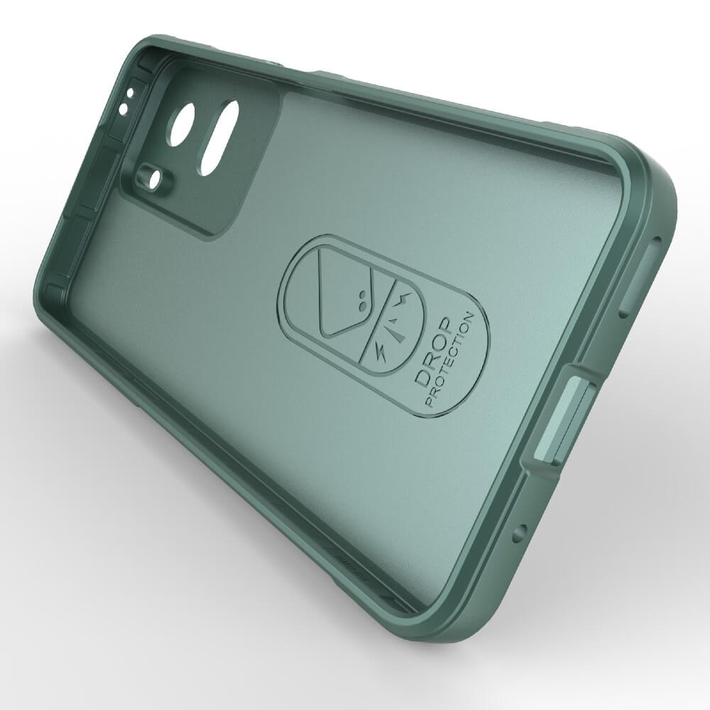 Coque de téléphone verte avec logo "DROP PROTECTION".