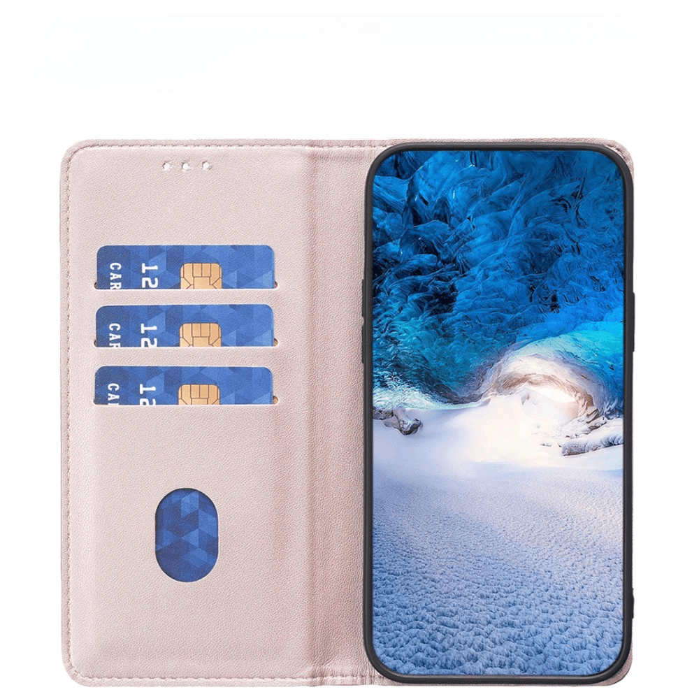 Un étui de téléphone rose avec des fentes pour cartes et un téléphone affichant une scène de grotte de glace.