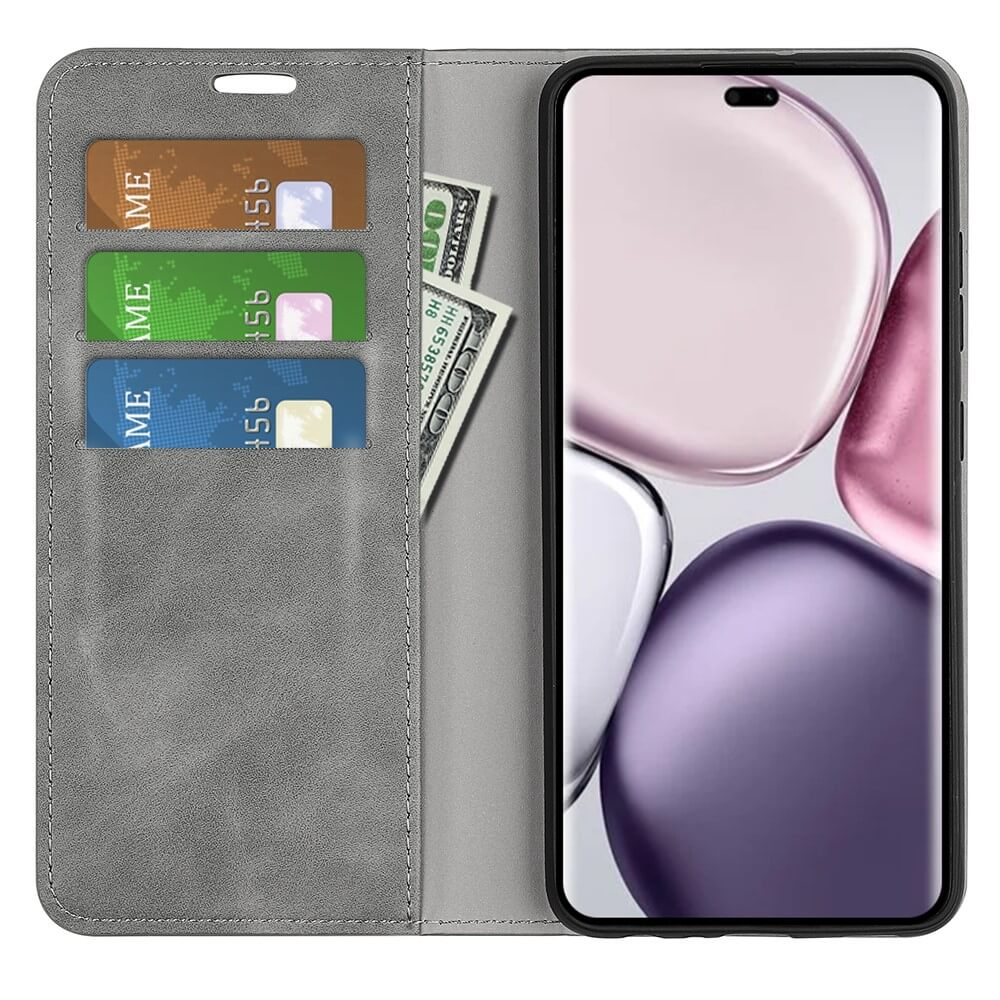 Étui de téléphone gris avec fentes pour cartes et billets. Le téléphone est inséré.