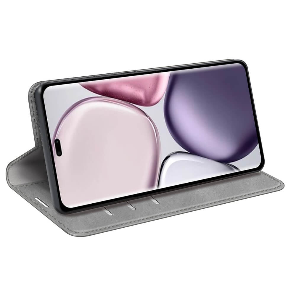 Étui de téléphone gris ouvert, écran debout sur une surface.
