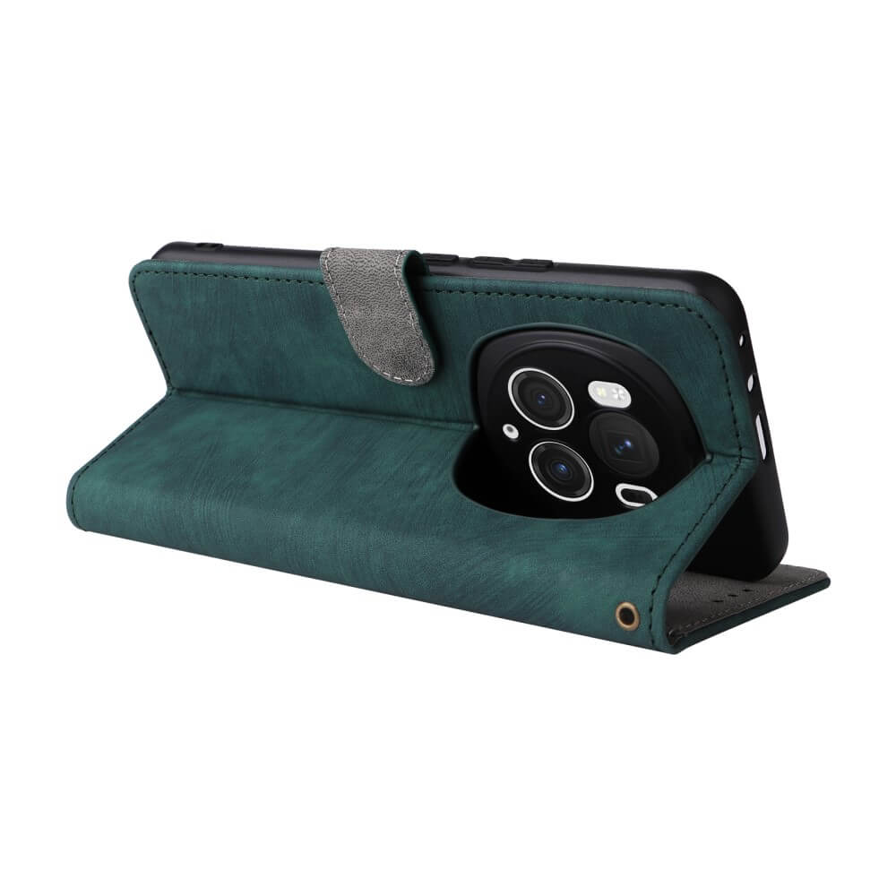 Étui de téléphone vert avec protection caméra et fermeture magnétique.