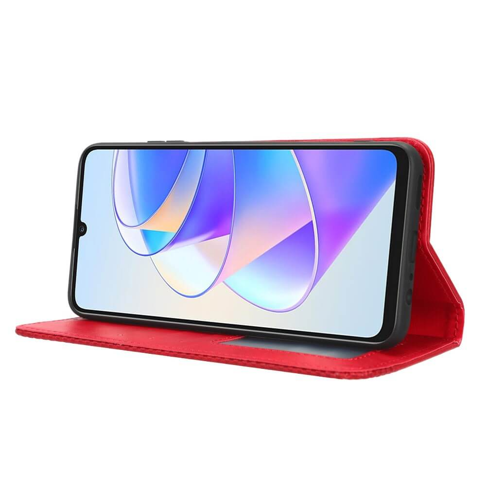 Étui à rabat rouge pour smartphone avec un smartphone et un fond d'écran coloré.
