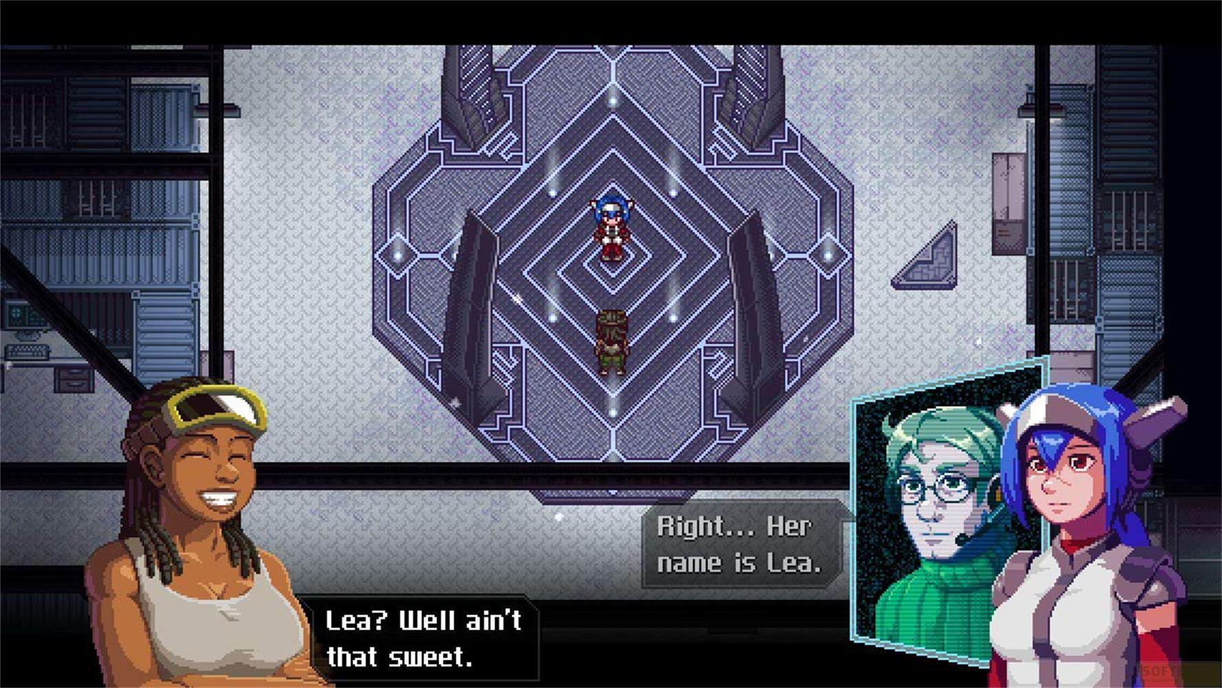 Trzy postacie w futurystycznym pomieszczeniu z polami dialogowymi.