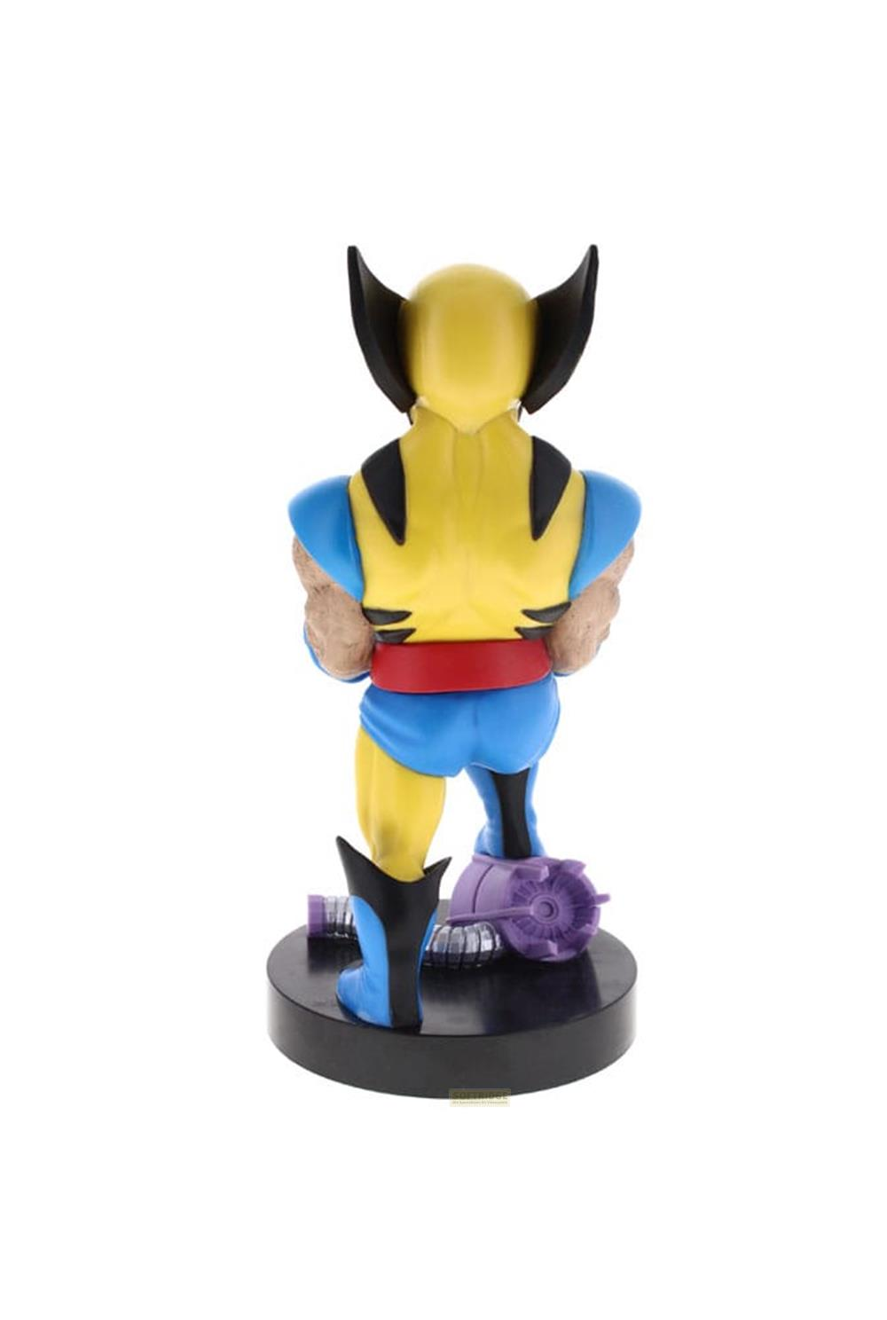 Statua di Wolverine con top giallo, pantaloni blu, cintura rossa su base nera.