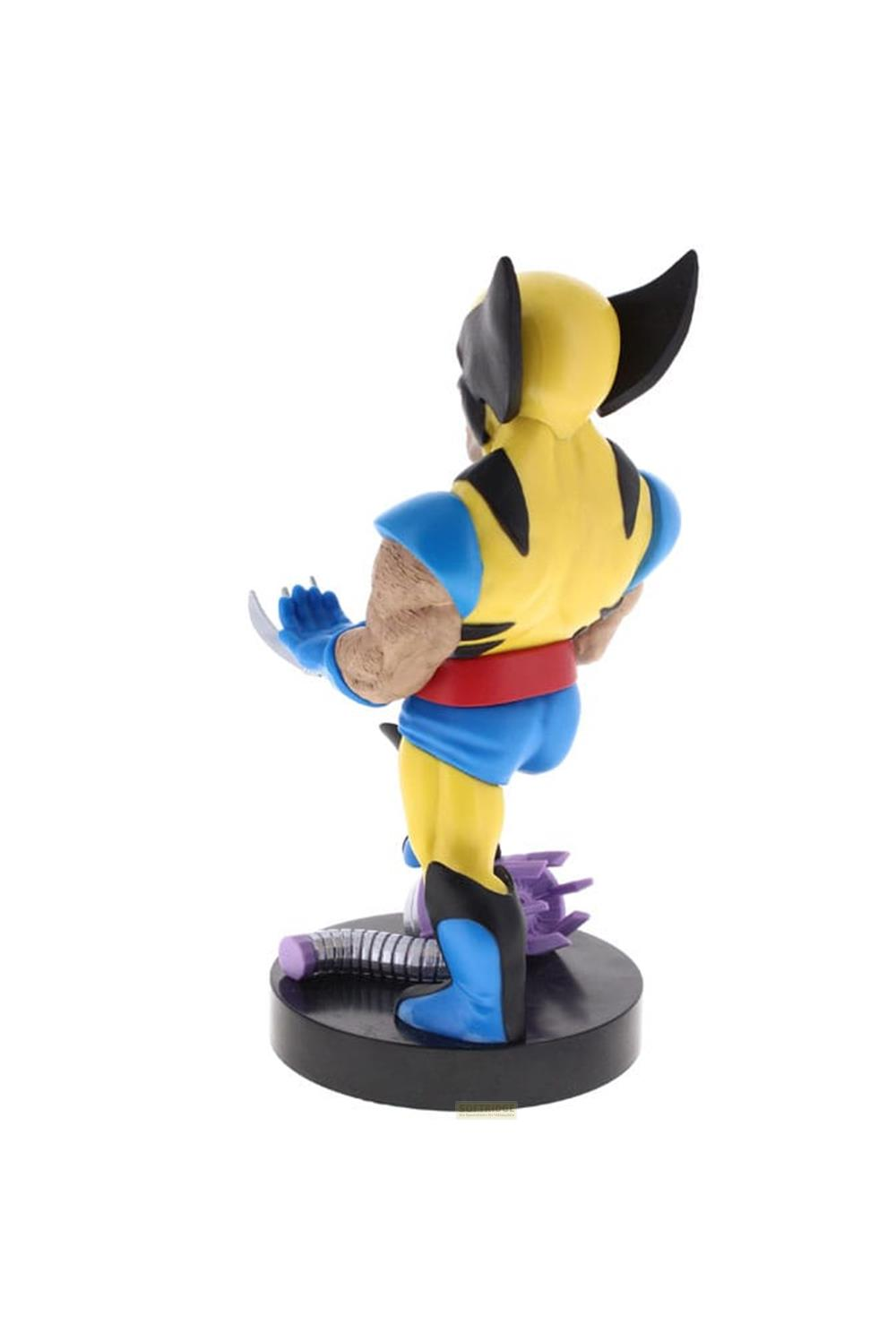 Statua di Wolverine in costume giallo e blu con artigli su base nera.