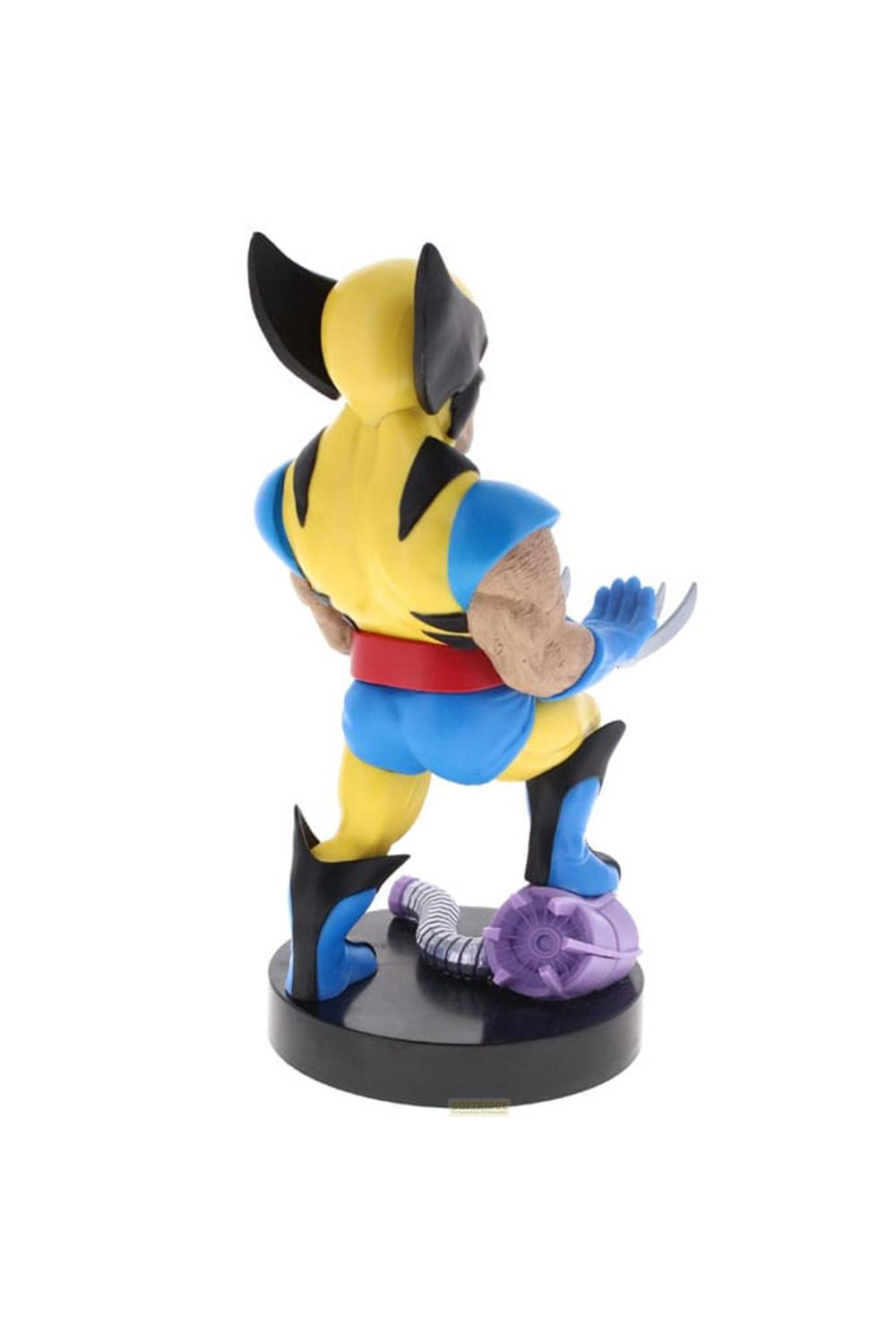 Statua di Wolverine in costume giallo e blu con cintura rossa e artigli.