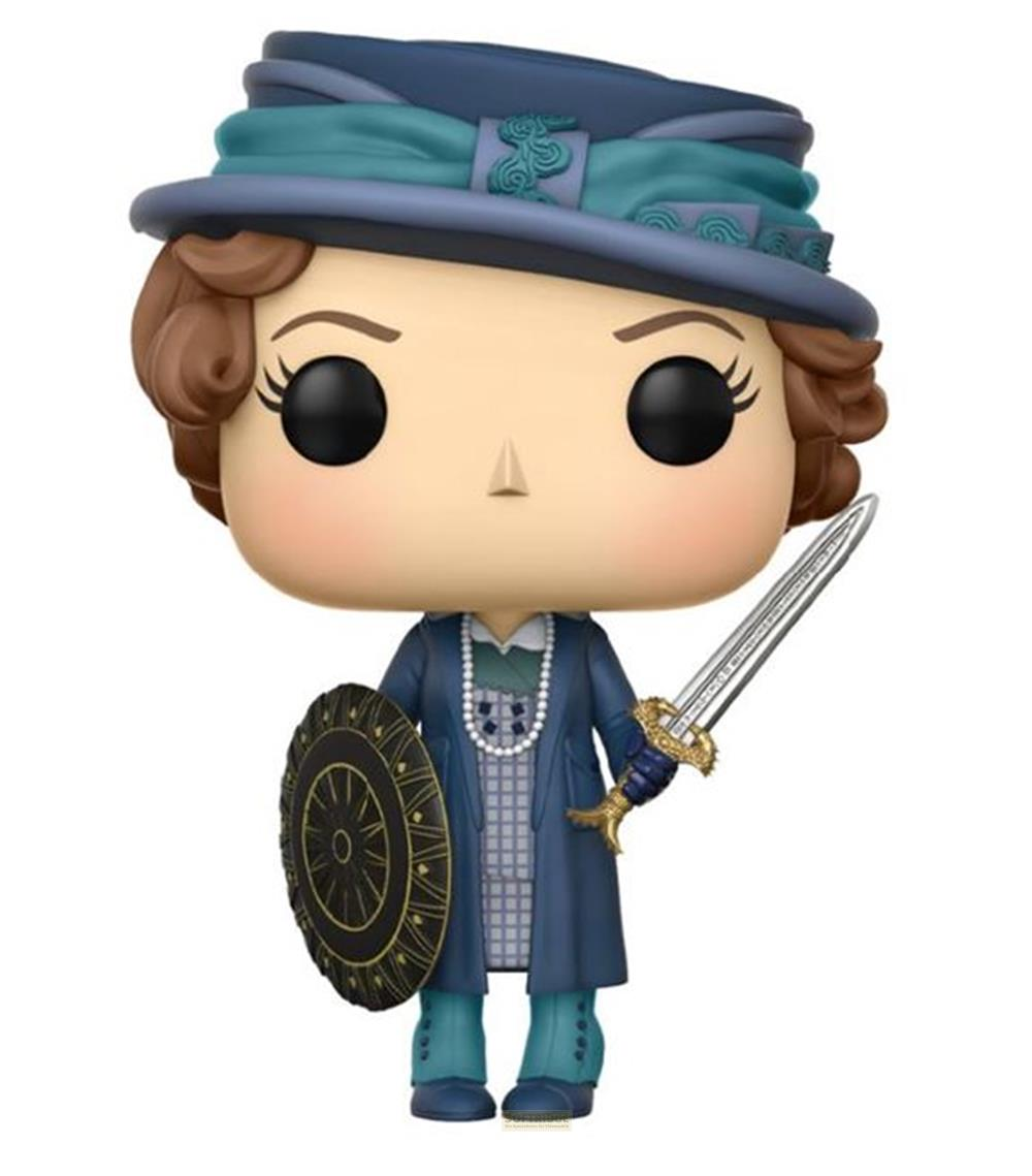 Funko Pop-Figur einer Frau mit Hut, Schild und Schwert in blauer Kleidung.