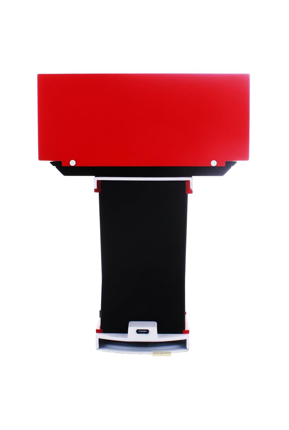 Un dispositivo rosso e nero con base bianca etichettata SOFTBRIDGE.