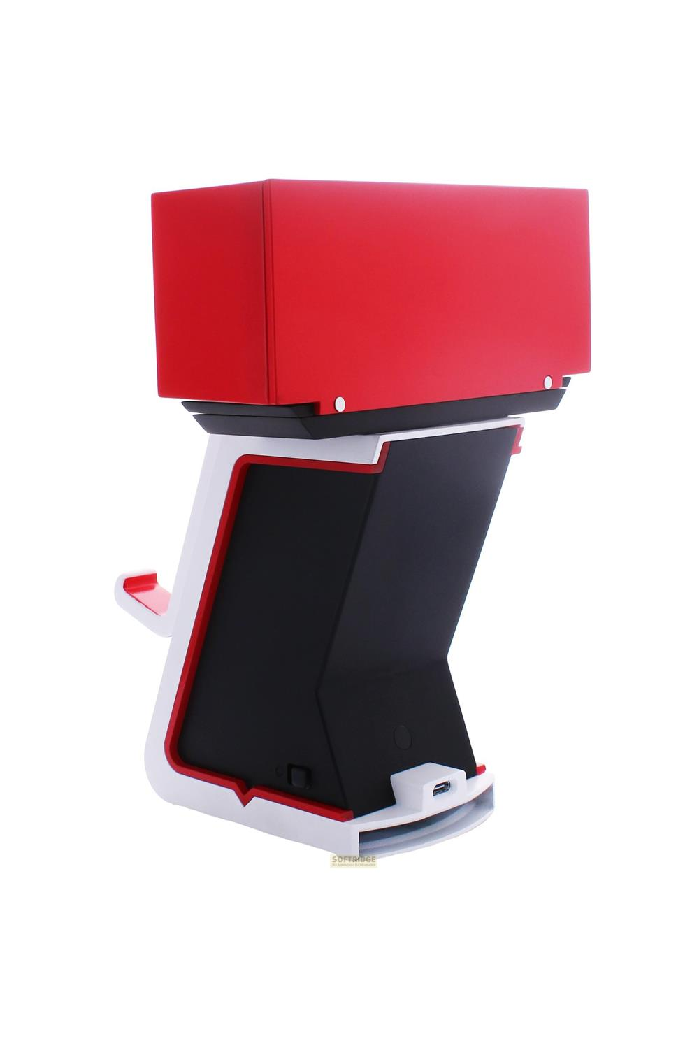 Un supporto rosso e nero con accenti bianchi, su sfondo bianco.