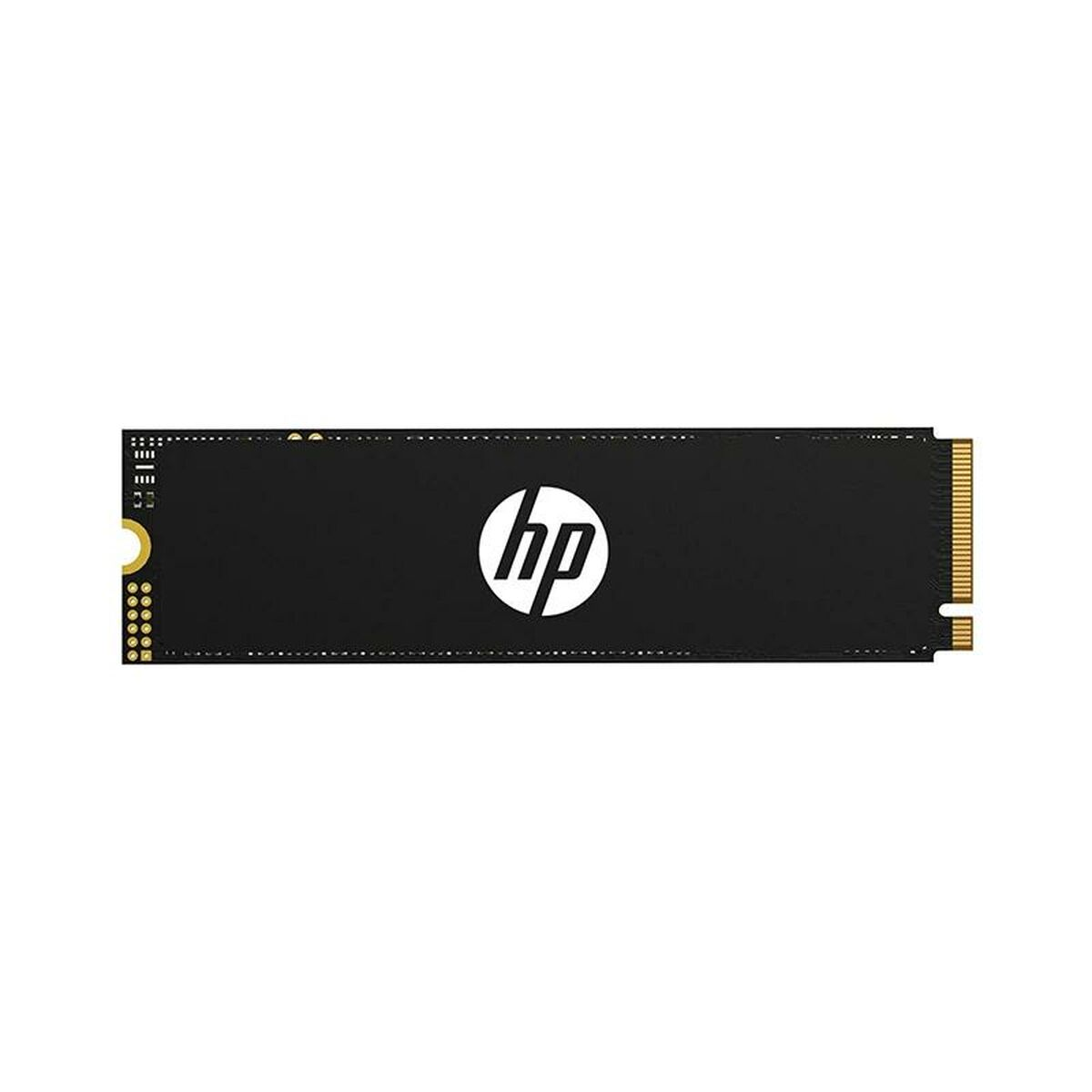 Gümüş logo ve altın konektörlü siyah HP SSD.