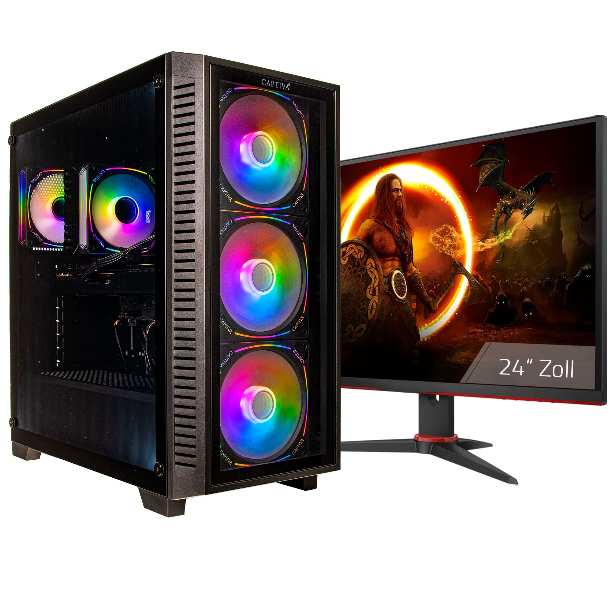 Un boîtier PC avec ventilateurs RGB et un moniteur affichant une scène fantastique.