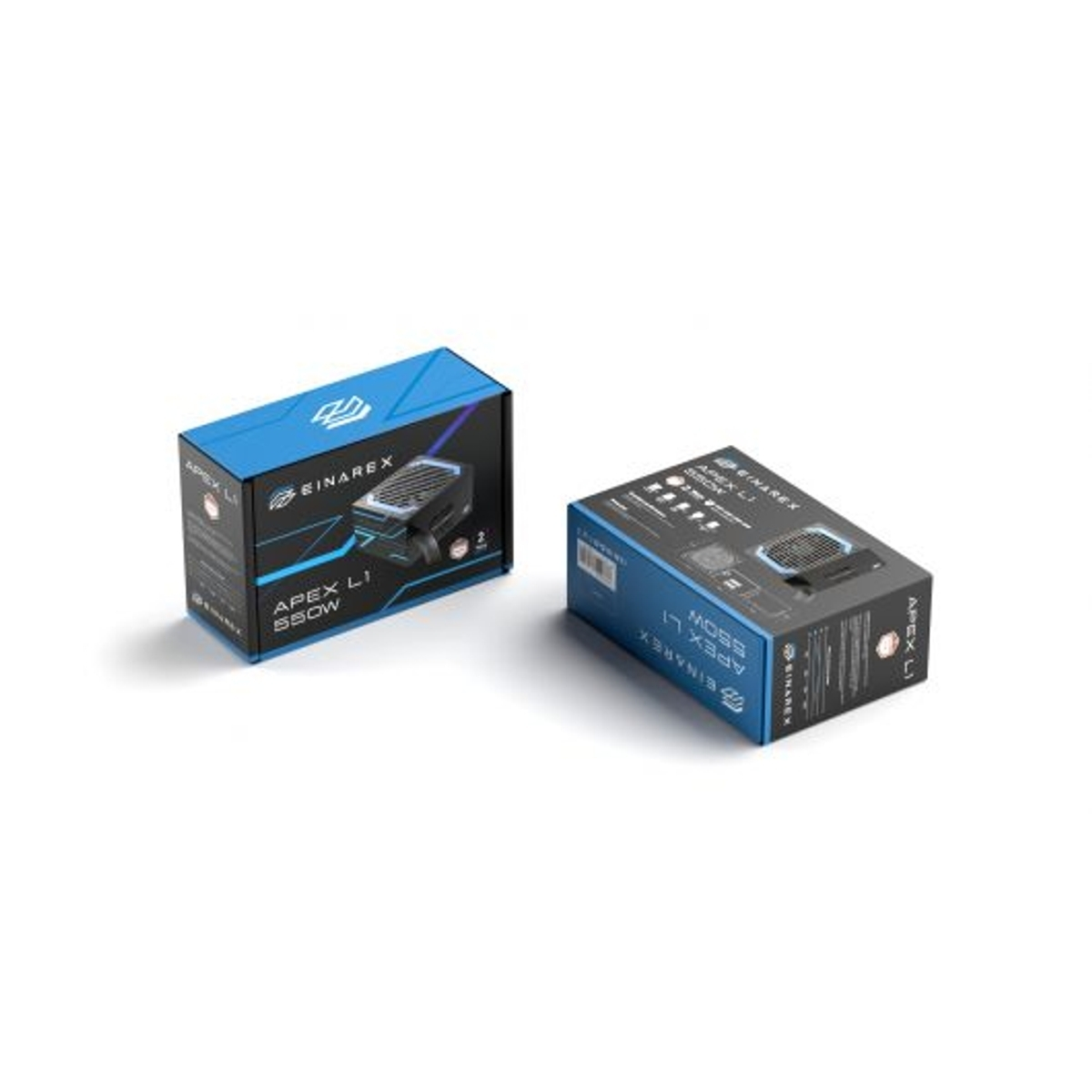 Due scatole blu con loghi e immagini di alimentatori per computer.