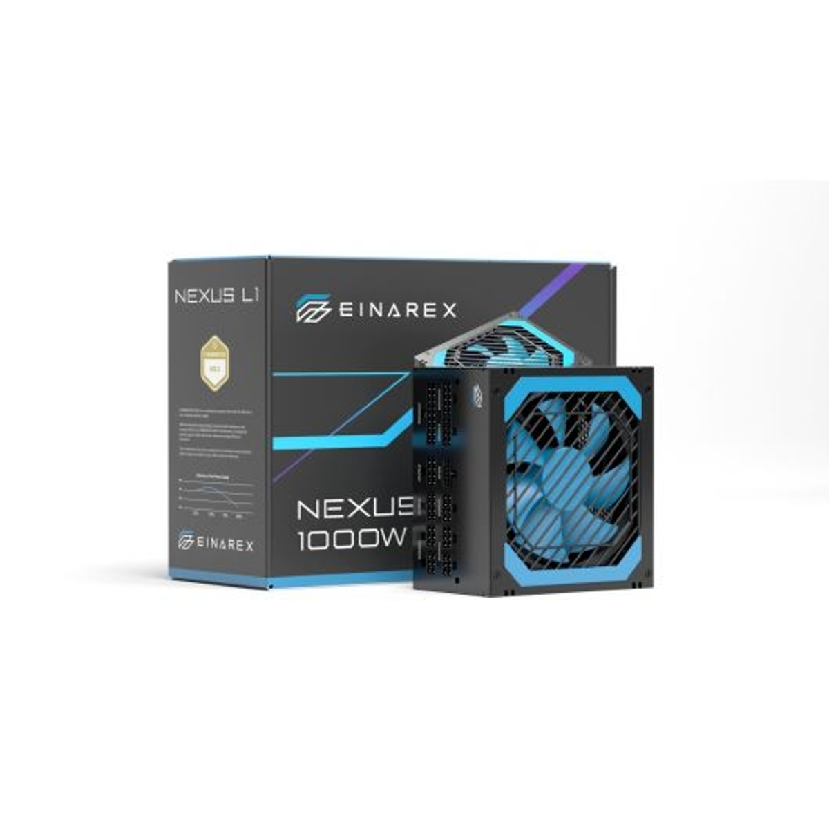 Un alimentatore nero con ventola blu e la sua confezione.