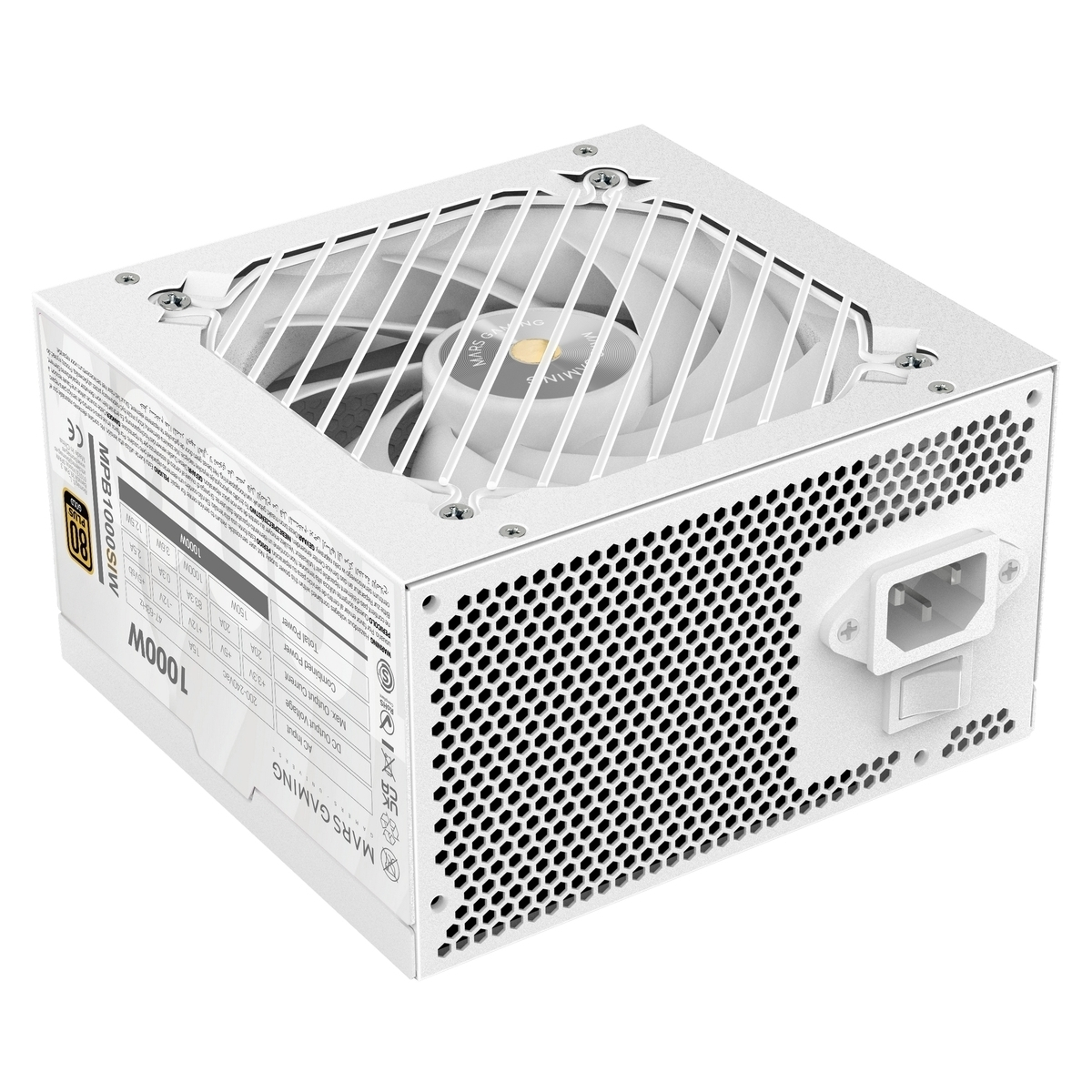 Una fuente de alimentación blanca con rejilla de ventilador y orificios.