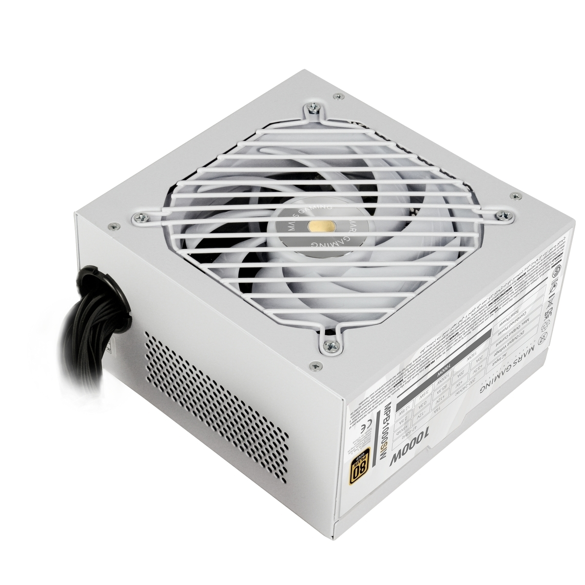 Fuente de alimentación blanca con rejilla de ventilador y cables, 1000W, 80 Plus Gold.