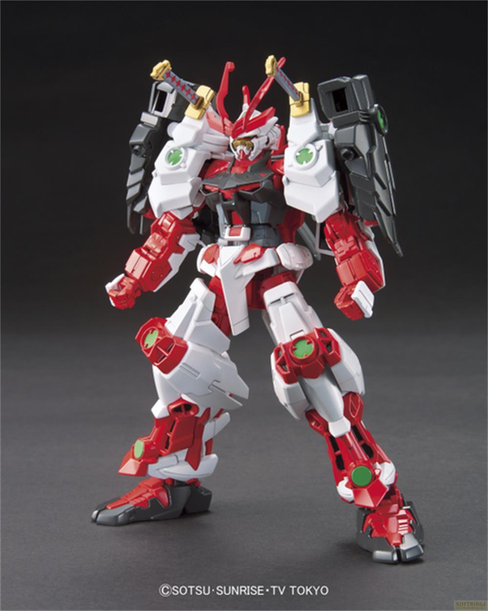 Ein rot-weißer Gundam-Roboter mit Schwertern auf dem Rücken steht vor schwarzem Hintergrund.