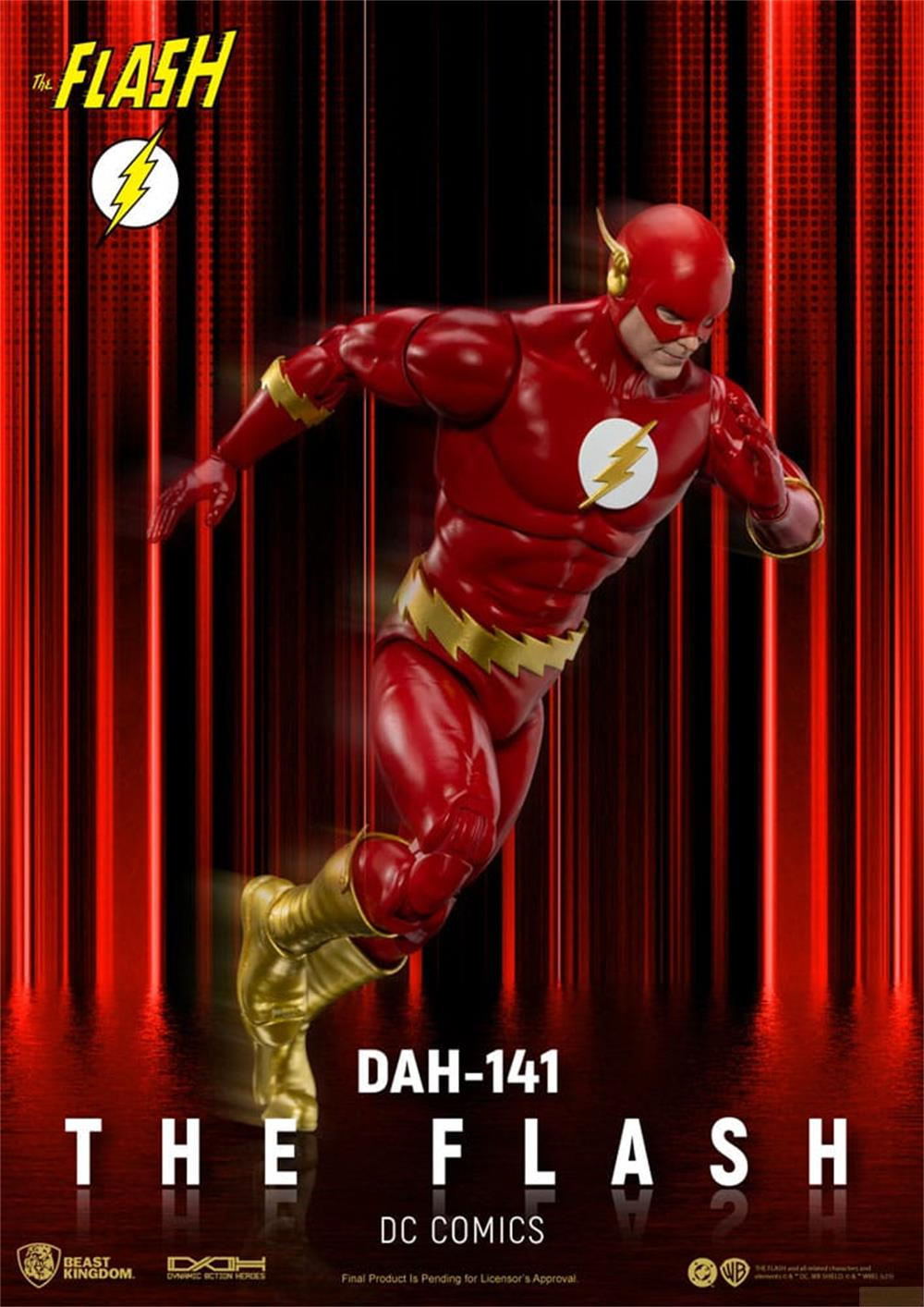 Eine Actionfigur des Flash in Rot und Gold auf rotem Hintergrund.