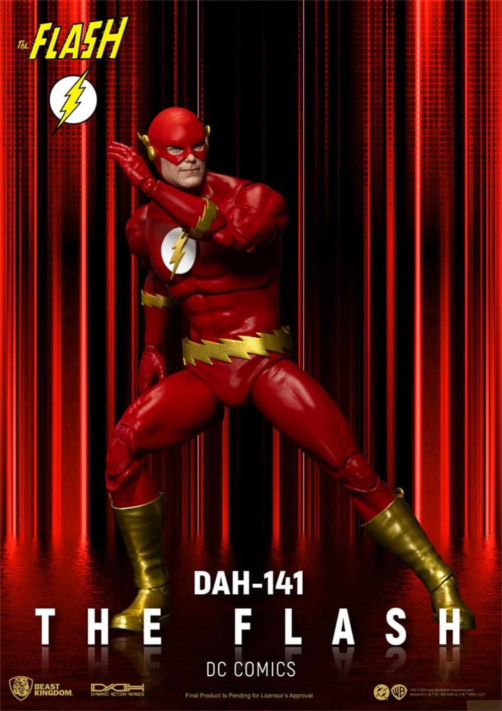 Eine Actionfigur von The Flash in Rot und Gold vor rotem Streifen-Hintergrund.