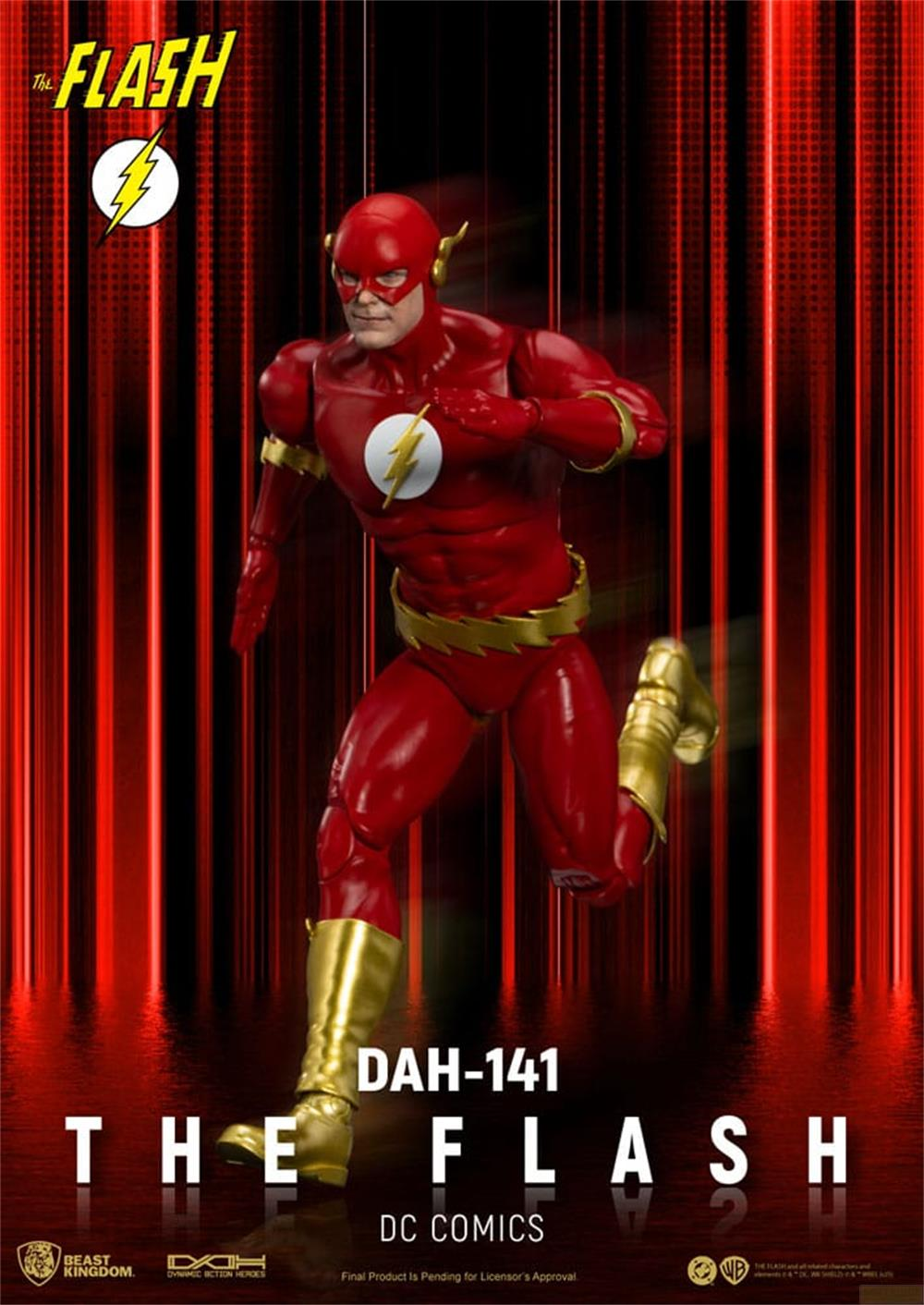 Eine Actionfigur von The Flash in Rot und Gold vor rotem Hintergrund.